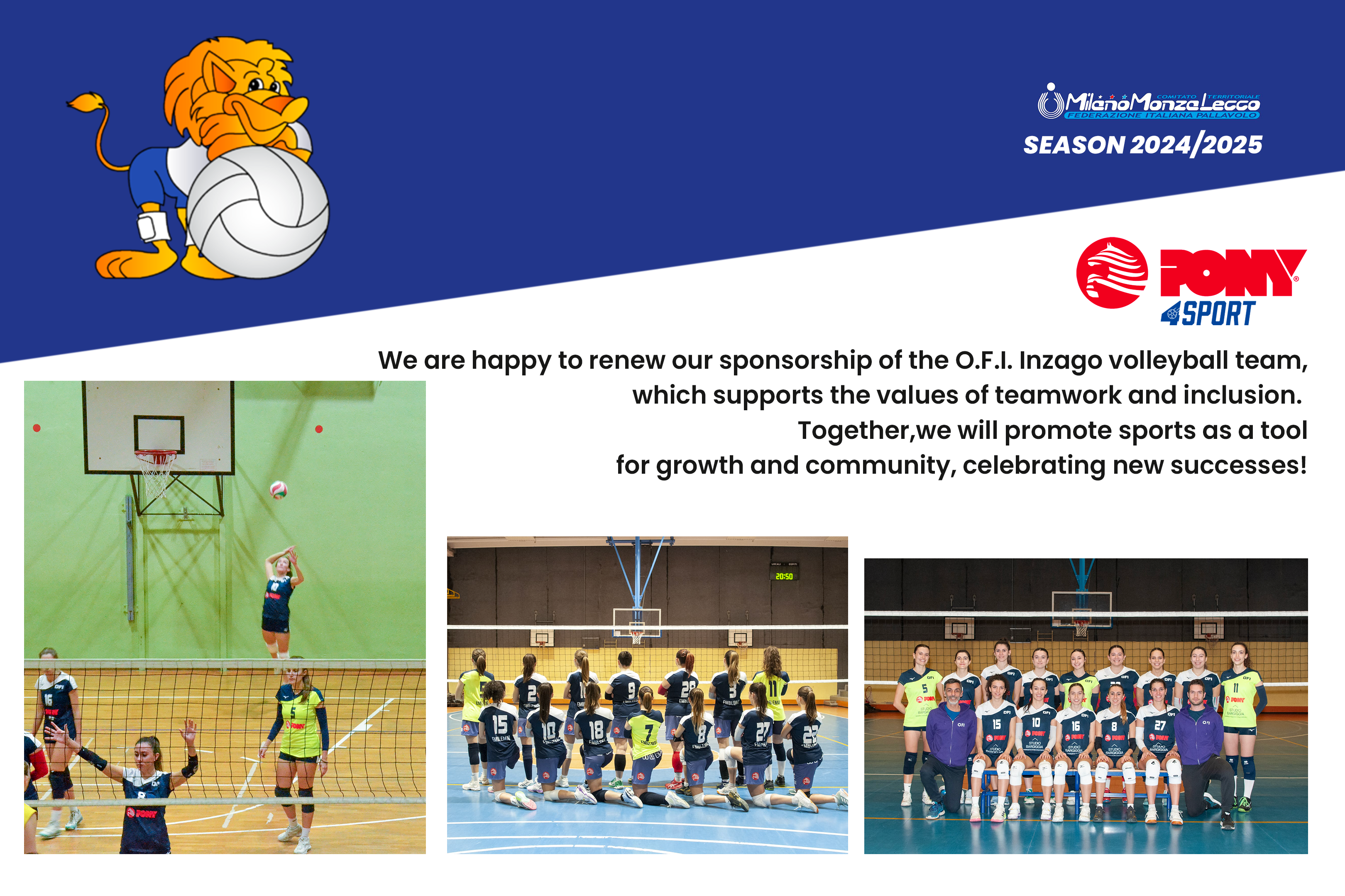 PONY RENEWS ITS SUPPORT FOR THE O.F.I. INZAGO VOLLEYBALL TEAM